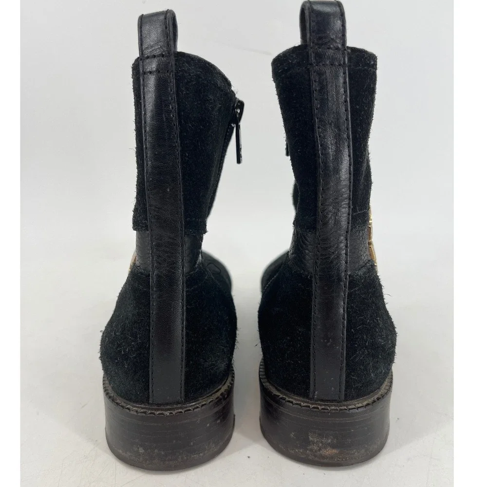 Tory Burch Alaina Ankle Boots Womens 7M Black Suede Gold Logo Side Zip Low Heel‎